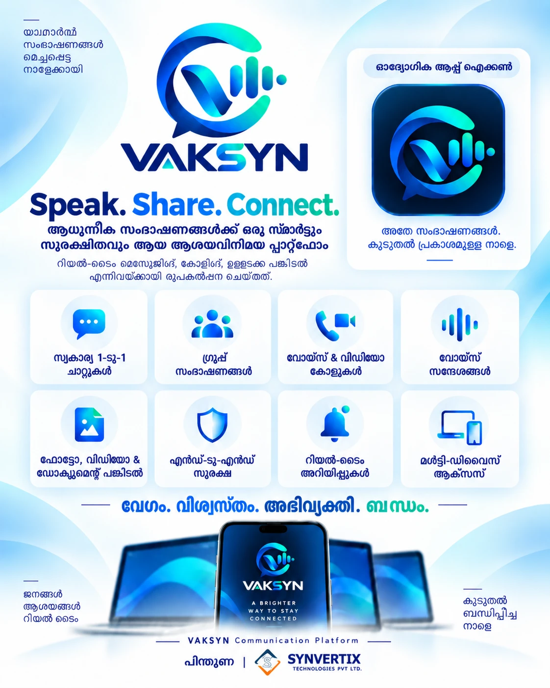 VAKSYN poster in Malayalam — Speak. Share. Connect.
