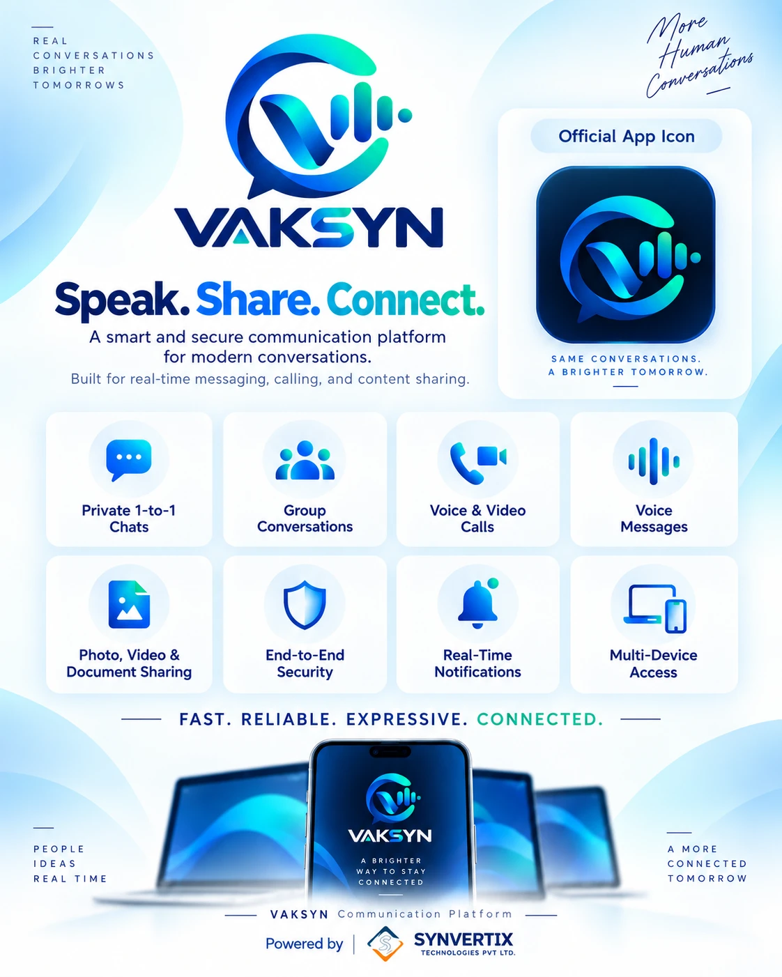 VAKSYN poster in English — Speak. Share. Connect.